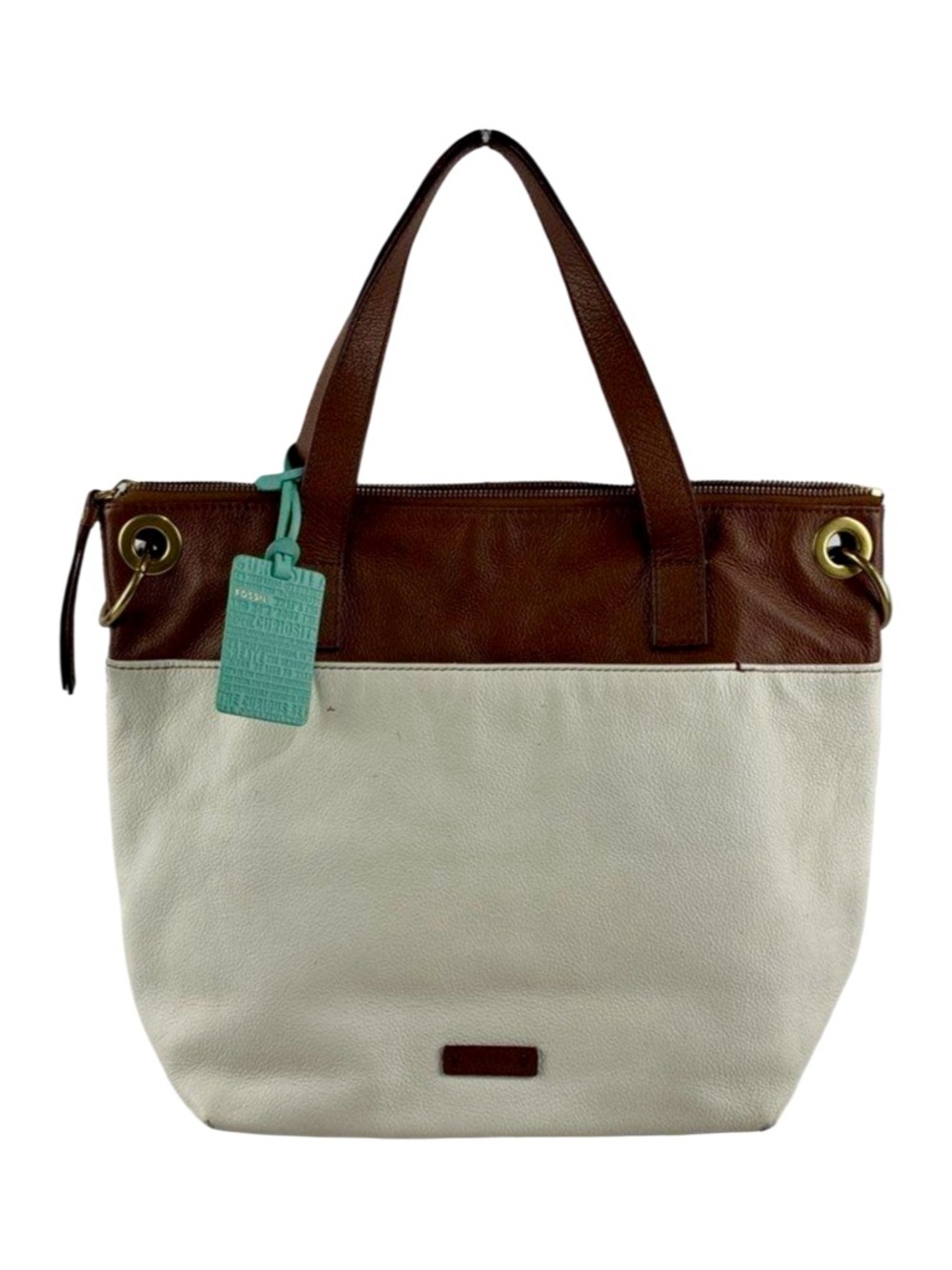 Fossil Colorblock Leather Tote Bag Ivory Cream Brown Pebbled Leather Zip Top